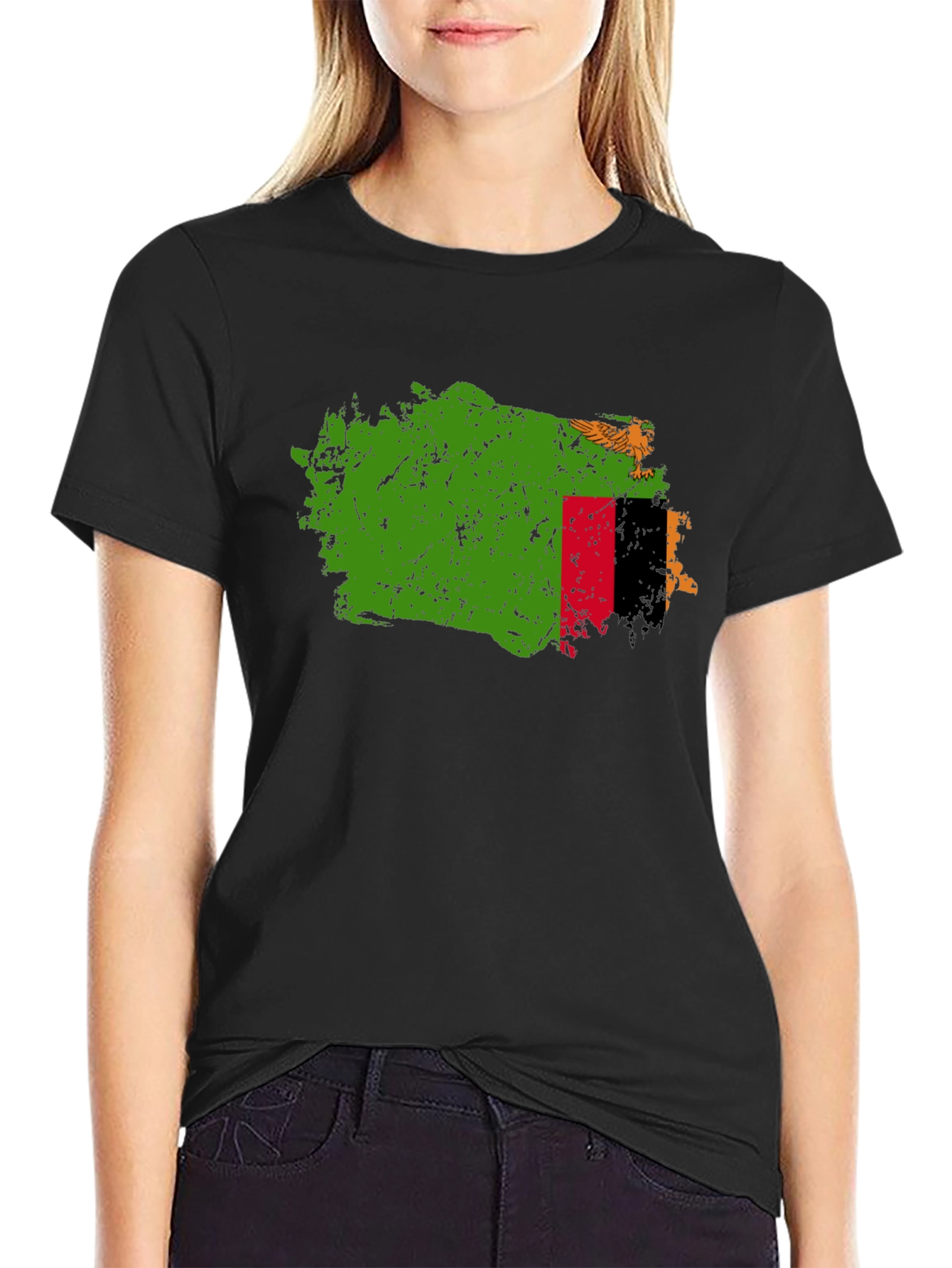Zambia Flag Map T-Shirt - Black Crew Neck Tee