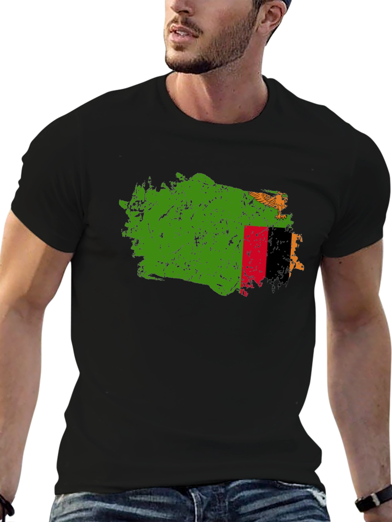 Zambia Flag Map T-Shirt - Black Crew Neck Tee
