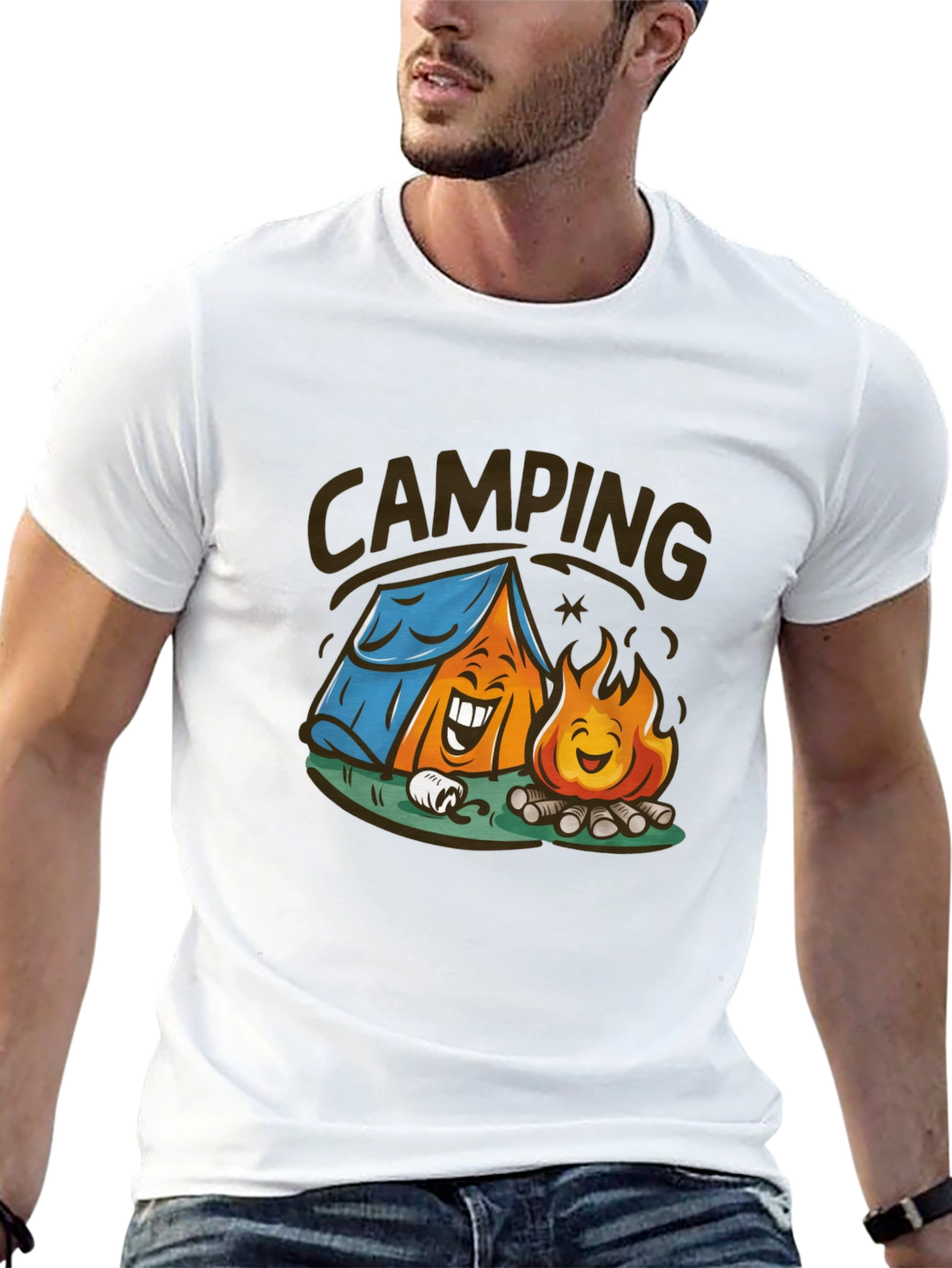 Cartoon Camping Graphic Tee - Black Cotton T-Shirt