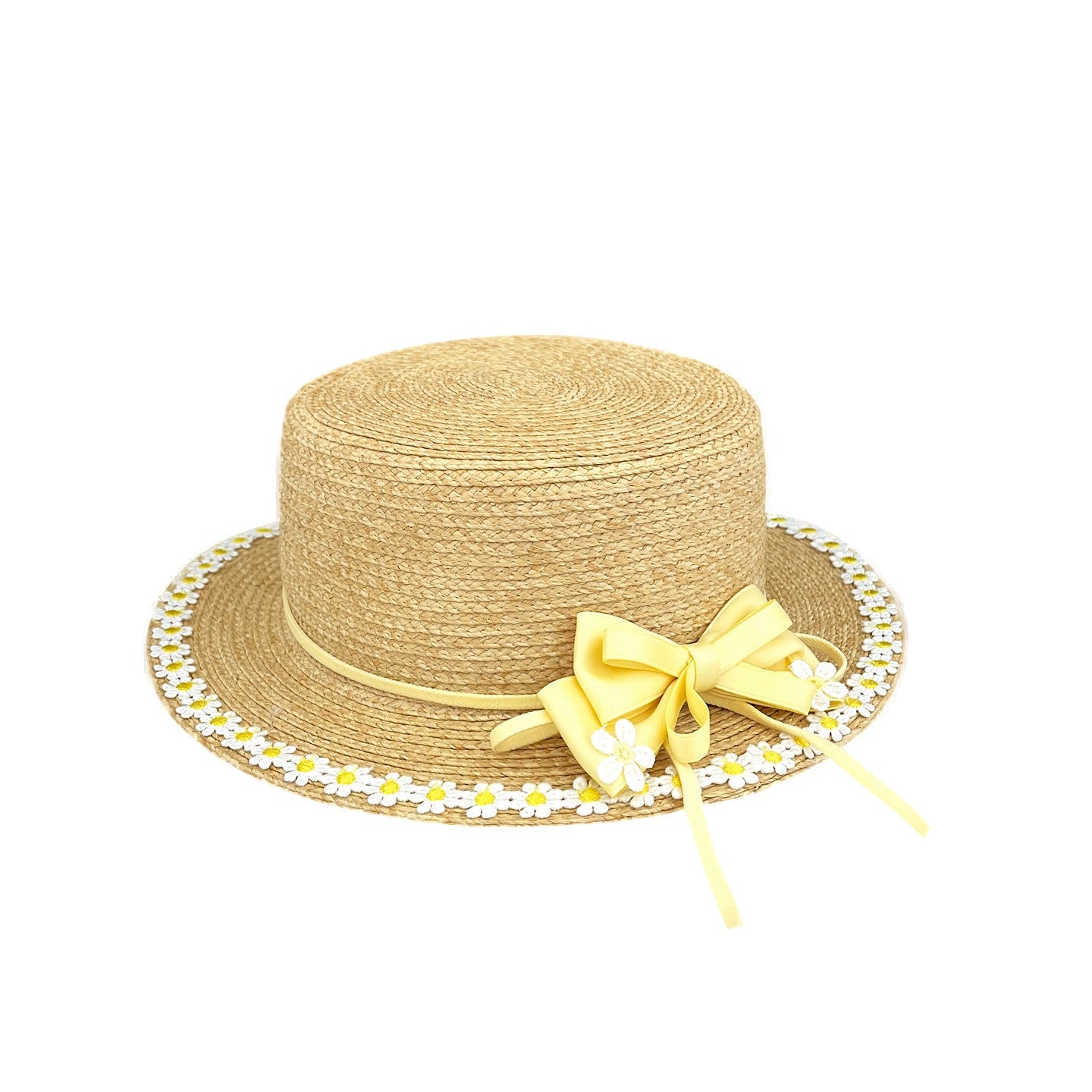 Women's Straw Flat Brim Hat with Bow and Floral Trim for Summer Sun Protection