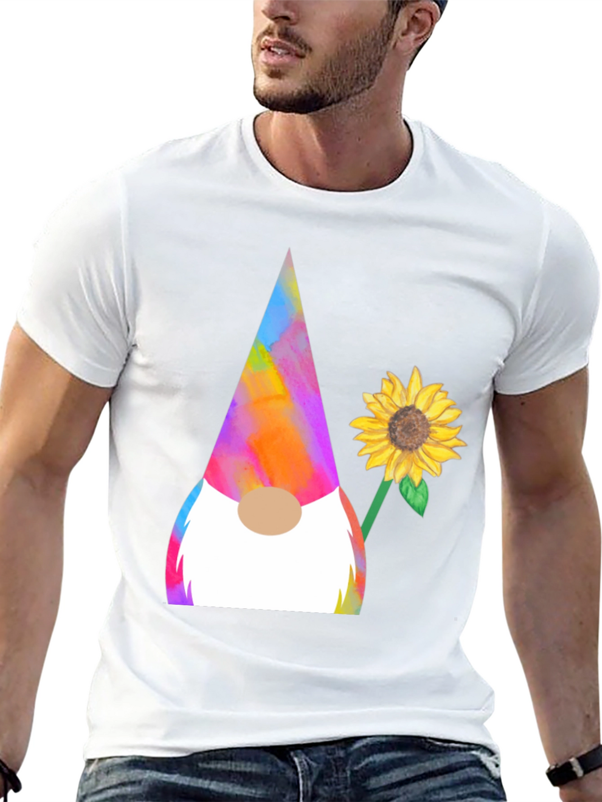 Gnome and Sunflower Graphic Tee - Quirky Mens T-Shirt