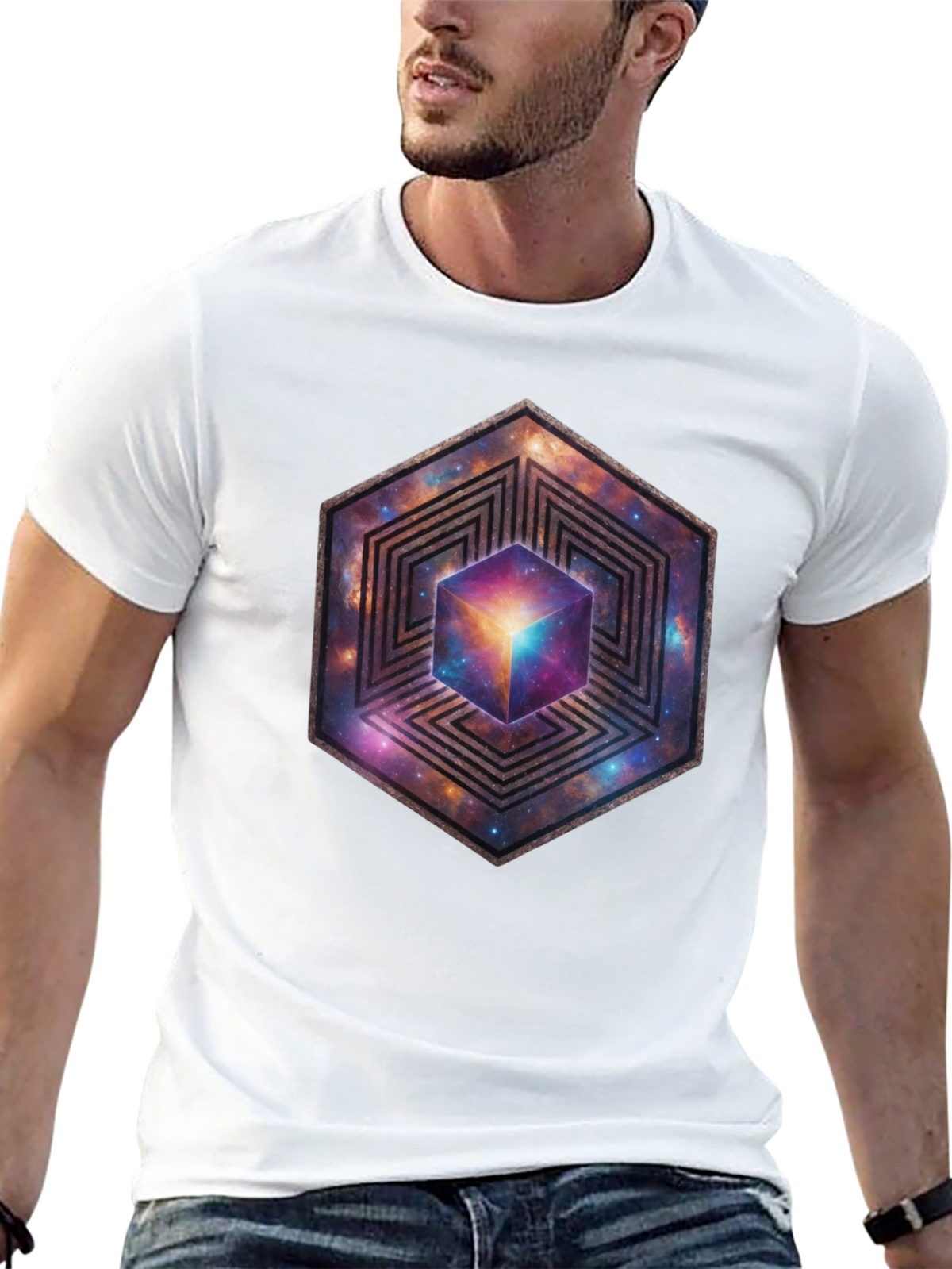 Hexagon Galaxy Cube Graphic T-Shirt