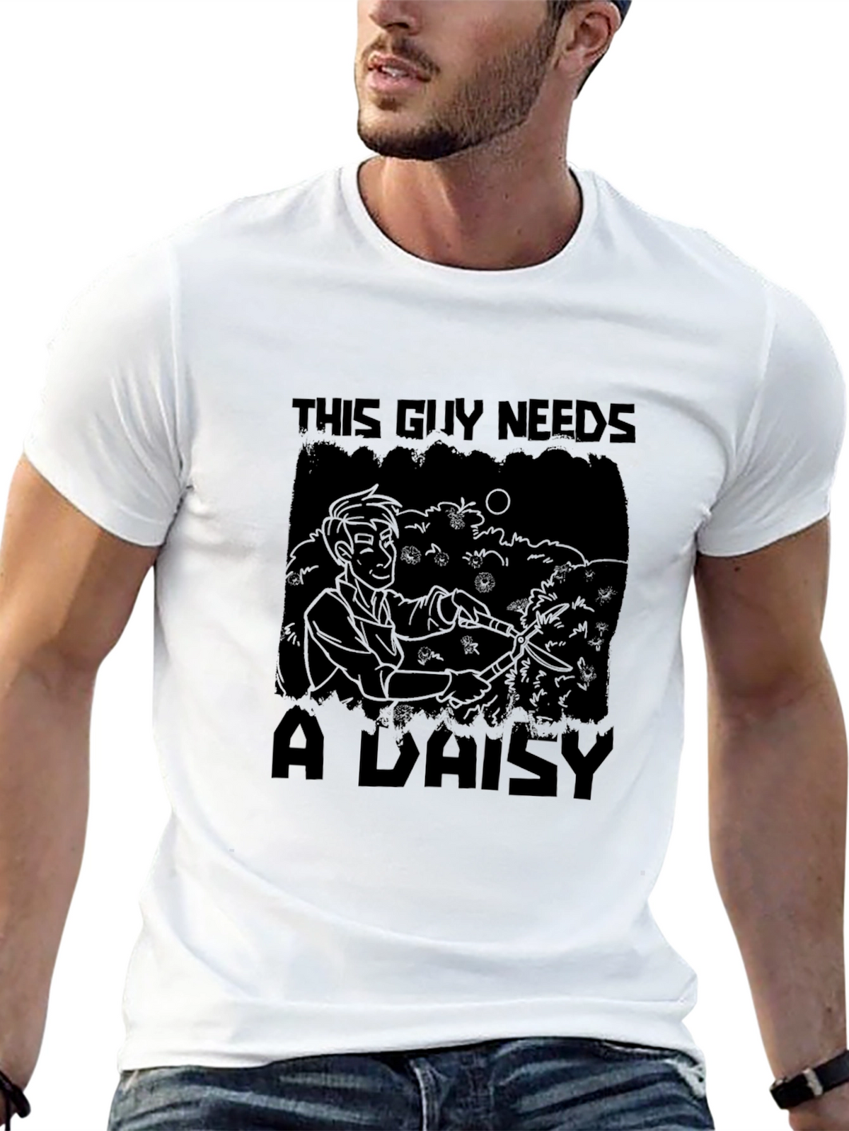 This Guy Needs a Daisy Black T-Shirt