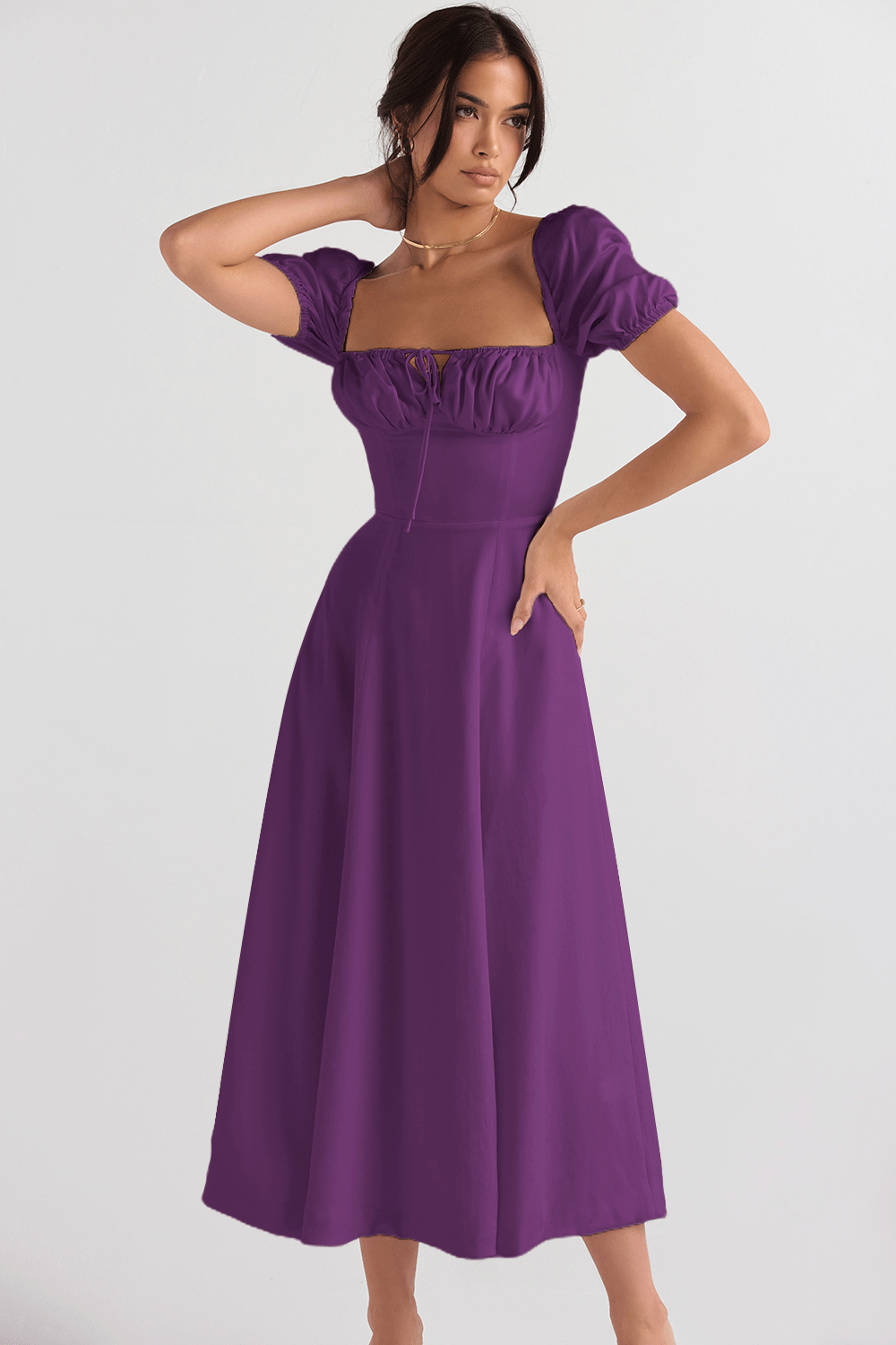 Women's Summer Solid Color Flower Printed Puff Sleeve Lace-Up Split a Line Dress