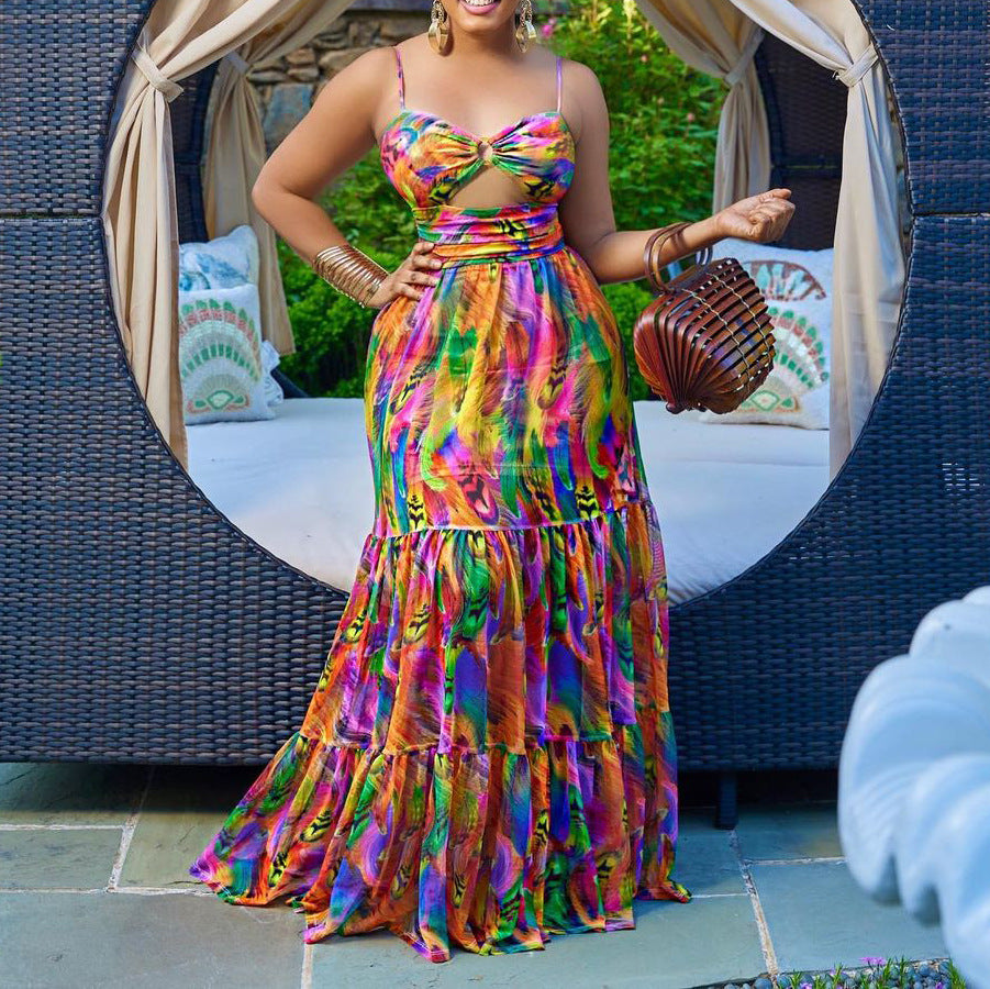 Women's Sexy Plus Size Printed Spaghetti Strap Backless Long Dress