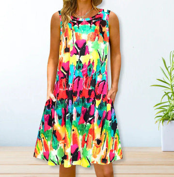 Women's Casual Printed Sleeveless Round Neck A-Line Midi Dress, with Pockets