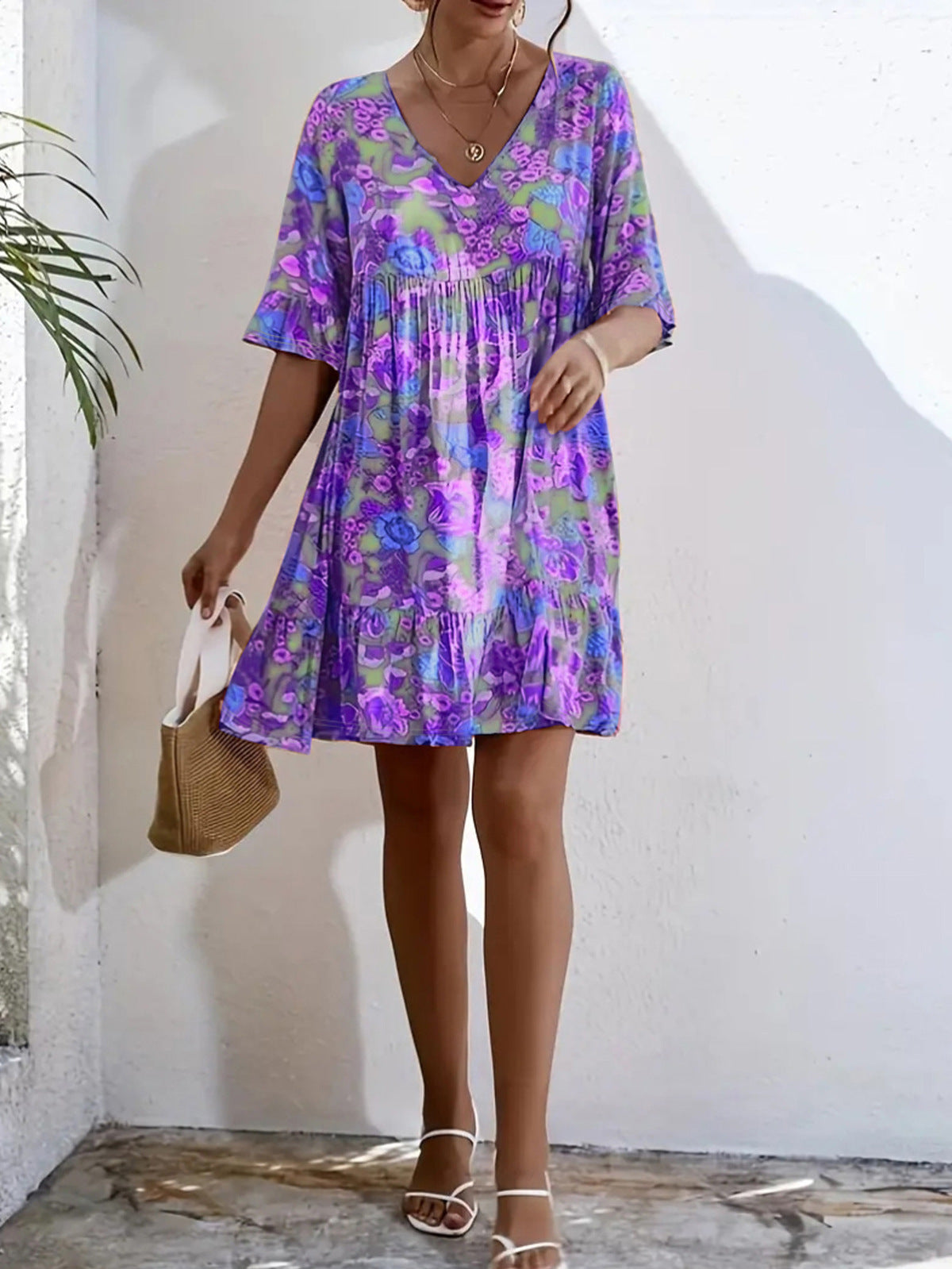 Women's Summer Casual V-Neck Floral Print Bohemian Dress