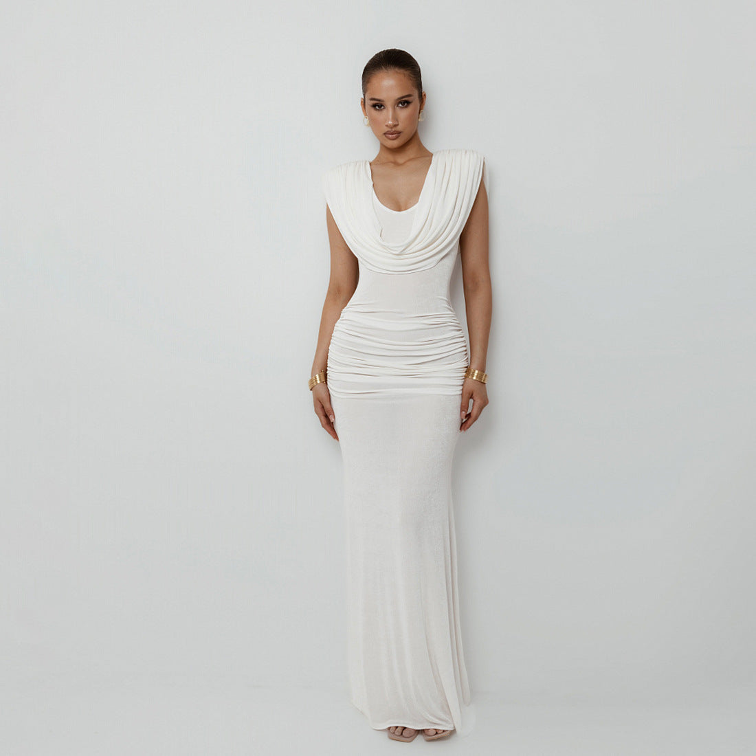 Women's Solid Color Swing Collar Sleeveless Tight Waist Pleated Slim-Fit Dress