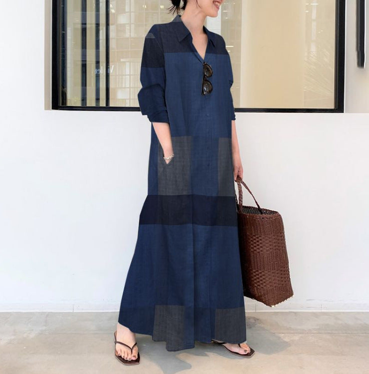 Women's Casual Loose Plaid Print Long Sleeve Shirt Maxi Dress