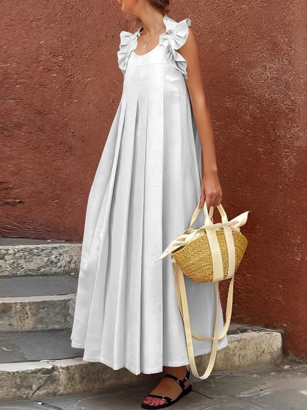 Women's Casual Solid Color Curled Edge Sleeveless Loose Maxi Dress