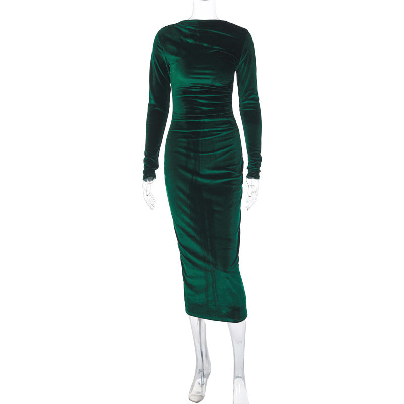 Women's Solid Color Pleated Long Sleeve Bodycon Midi Dress