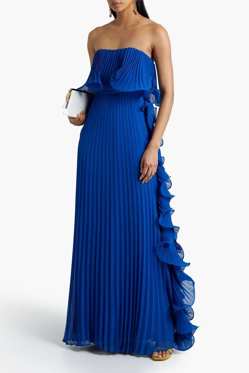 Women's Holiday Solid Color Tube Top Pleated Maxi Dress
