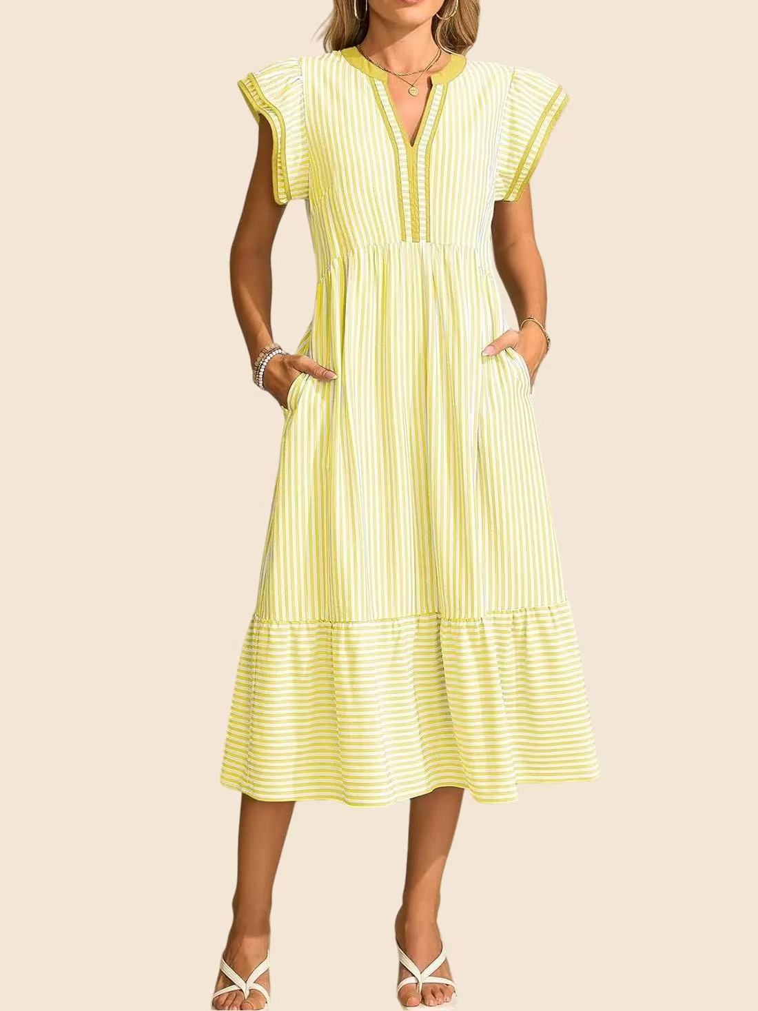 Women's Casual Stripe Ruffled V-Neck Short Sleeve Loose Dress