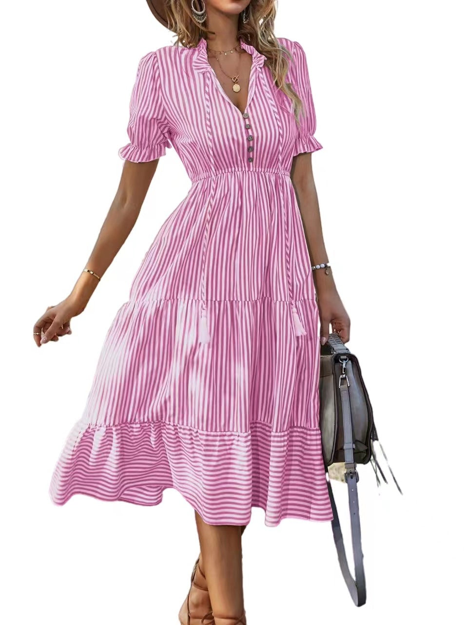 Women's Casual Stripe V-Neck Lantern Sleeve Elastic Waist Midi Dress
