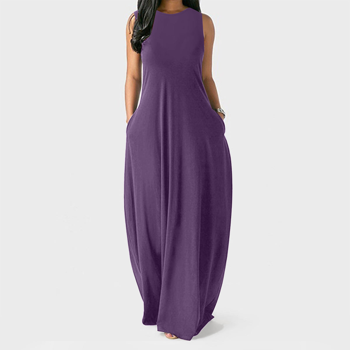 Women's Summer Casual Solid Color Round Neck Vest Pocket Maxi Dress
