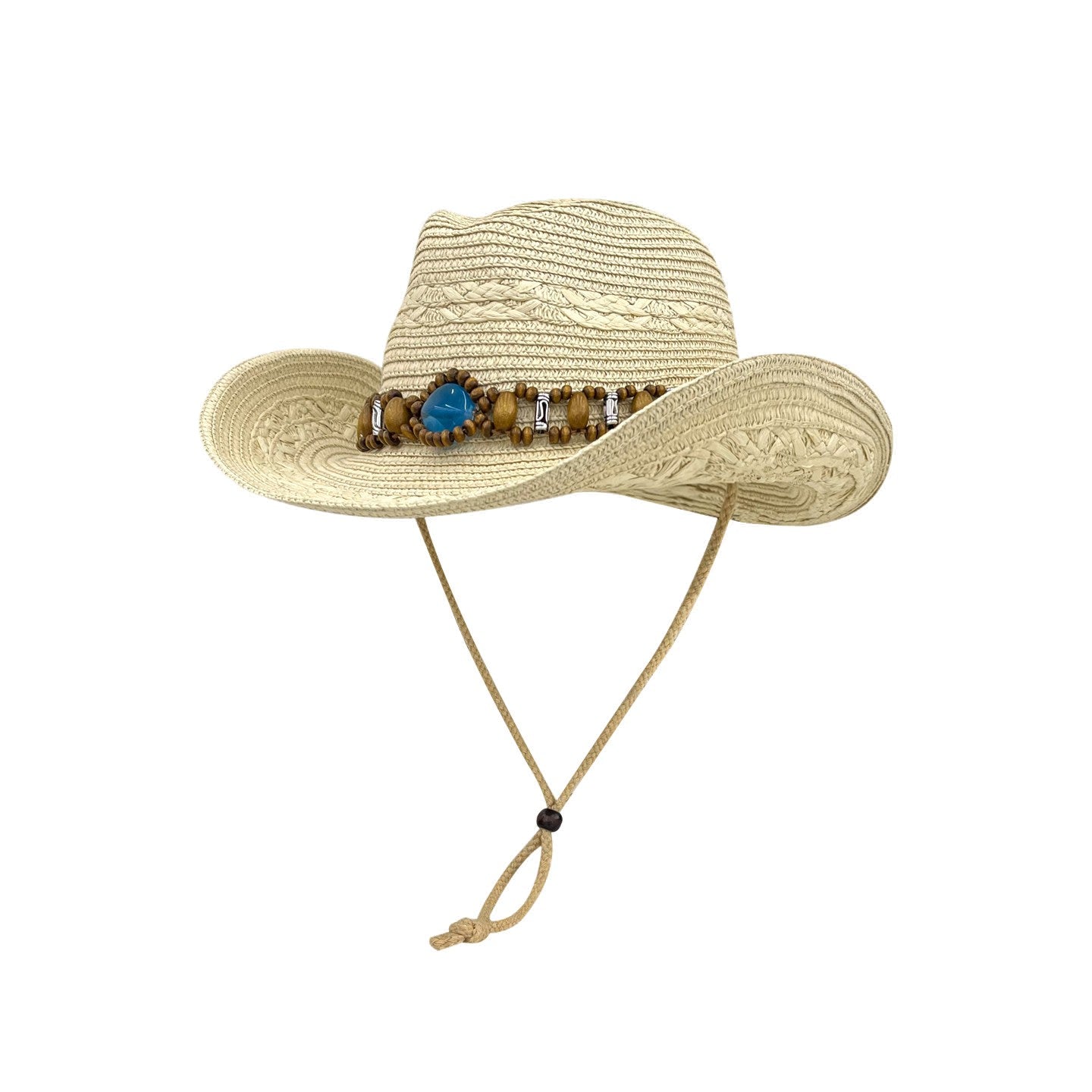 Straw Cowboy Hat with Beaded Band and Adjustable Chin Strap, Unisex Summer Sun Hat, Panama Jazz Style, 56-58cm Head Circumference