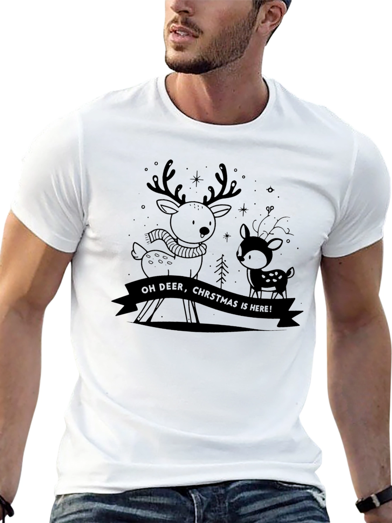 Christmas Reindeer Graphic Tee - Holiday Shirt