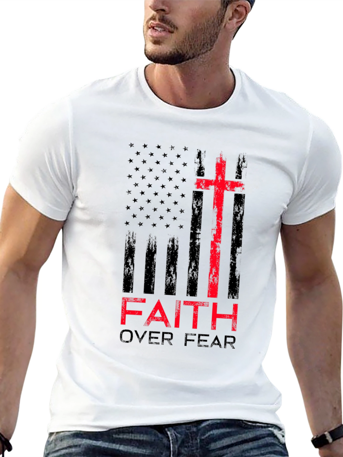 Faith Over Fear Christian T-Shirt Patriotic USA Flag