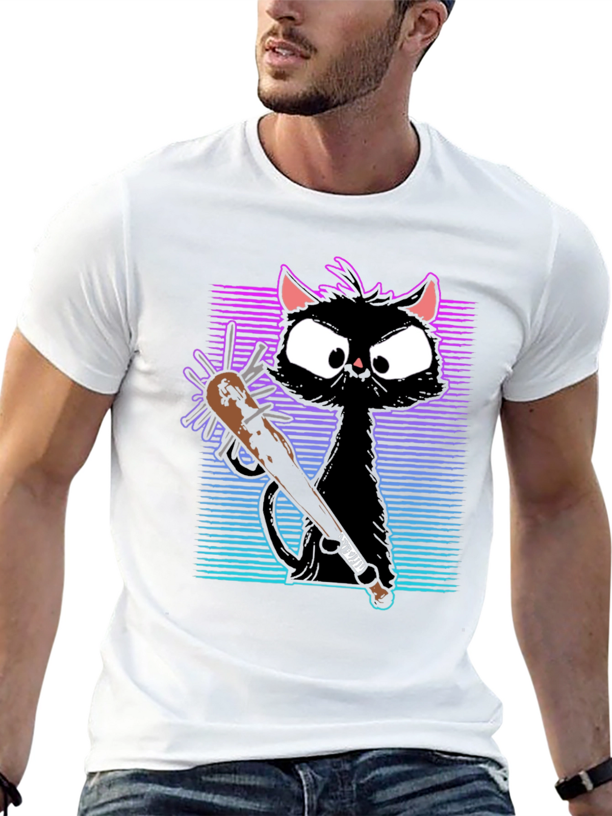 Gangster Cat T-Shirt with Spiked Bat - Black