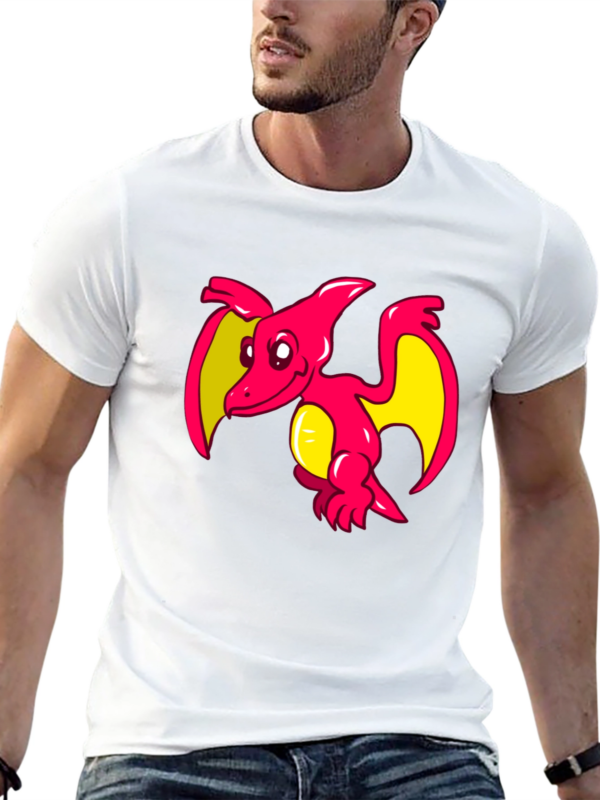 Cartoon Pterodactyl Graphic Tee - Black