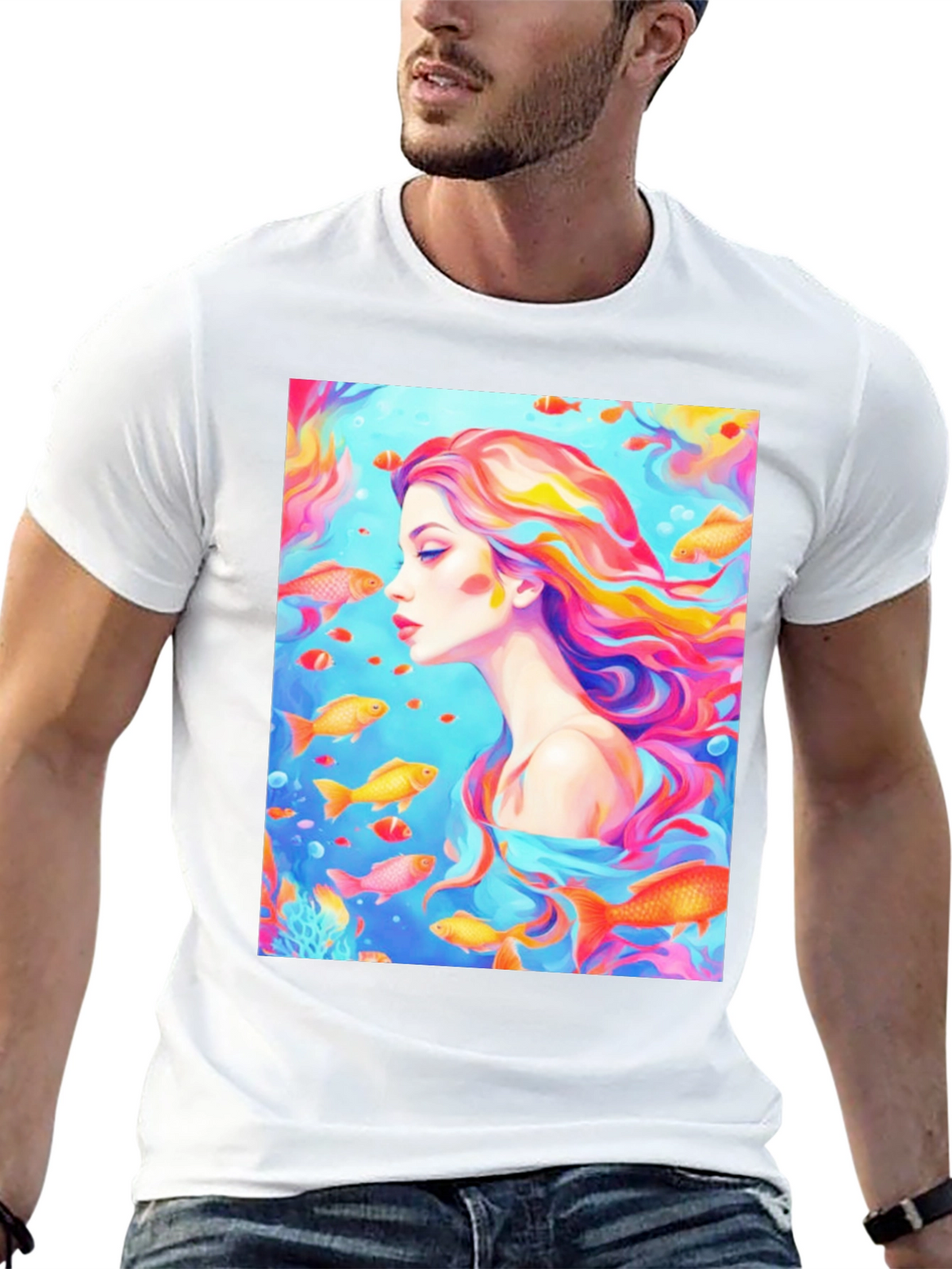Artistic Woman and Fish Graphic T-Shirt