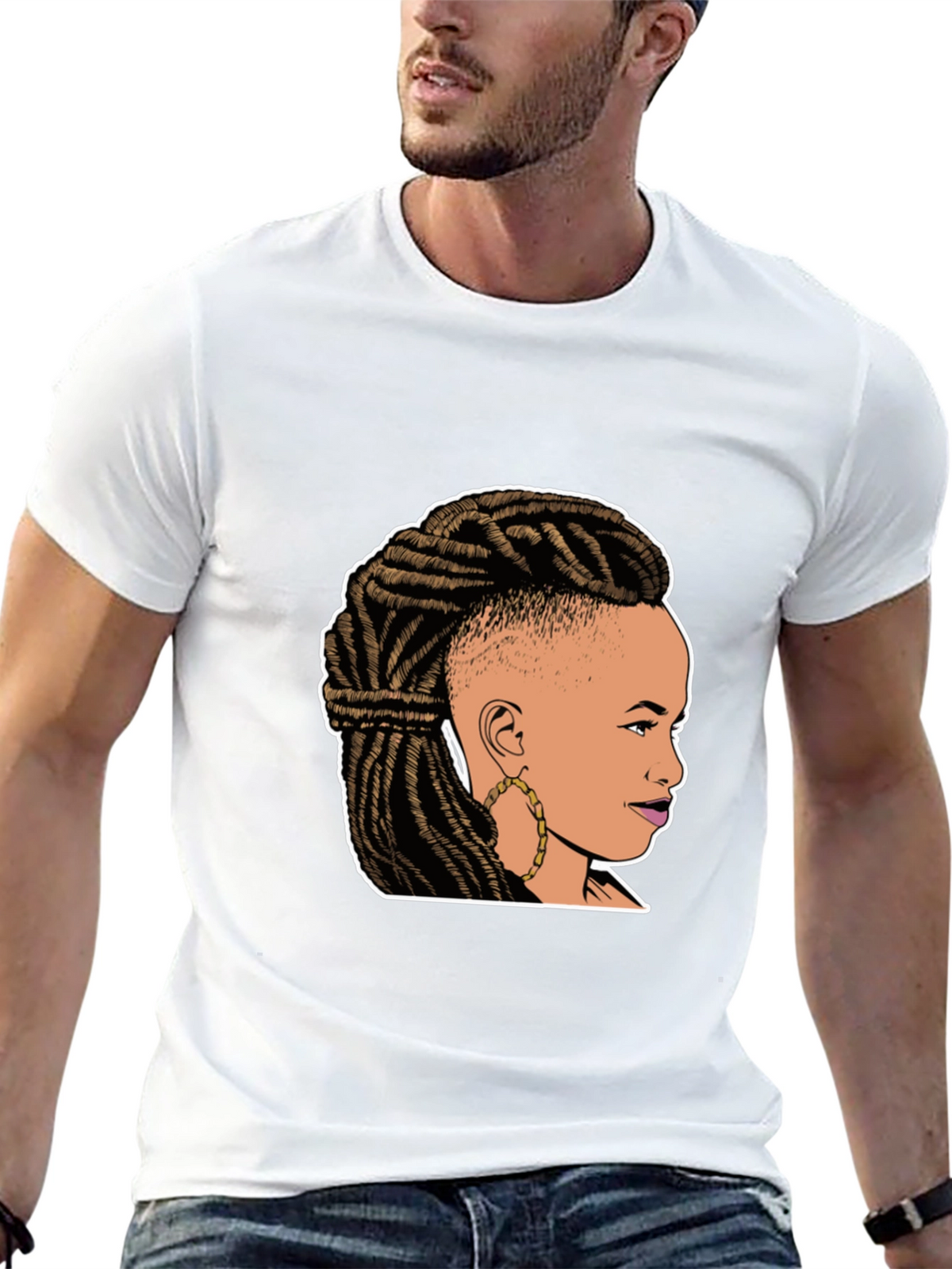 Graphic Tee: Woman with Braids on Black T-Shirt