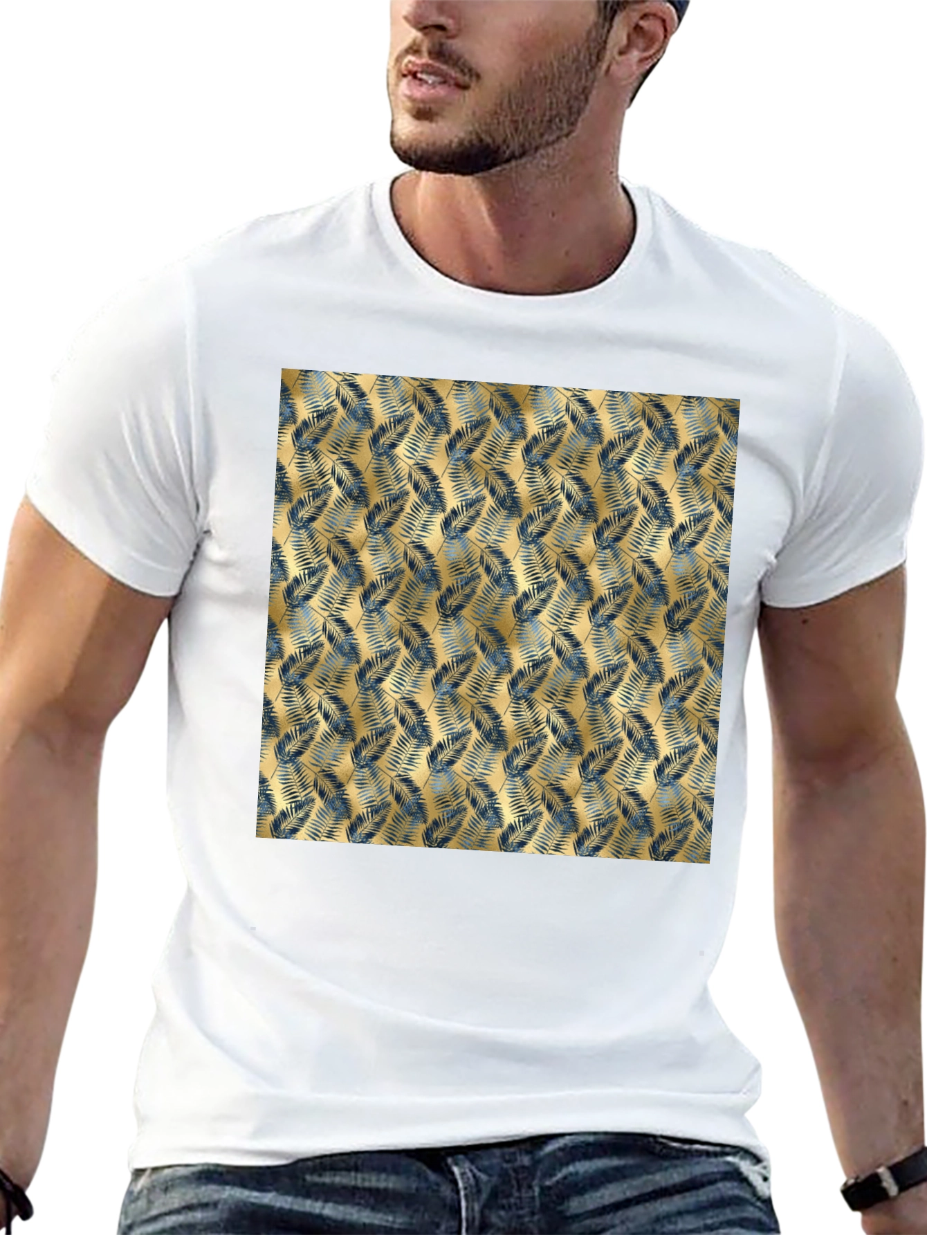 Tropical Gold Leaf Pattern Black T-Shirt