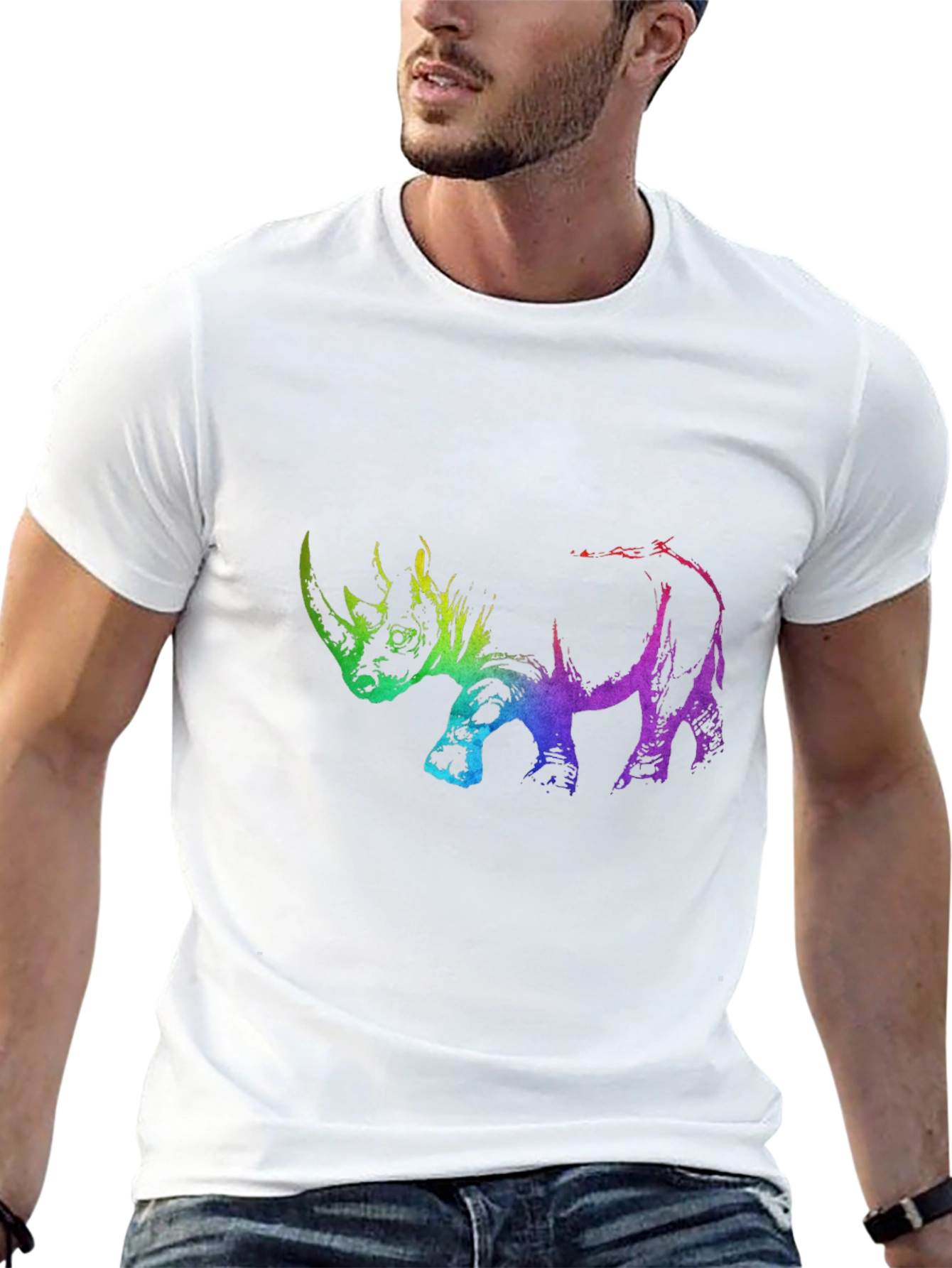 Rainbow Rhino Graphic Tee - Black Cotton T-Shirt