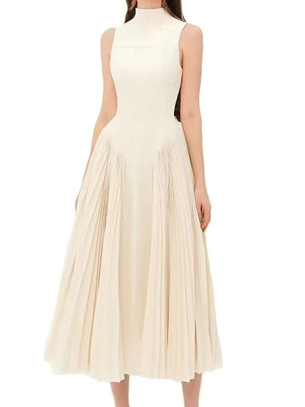 Women's Elegant Solid Color Pleated Stitching Sleeveless Loose Midi Dress
