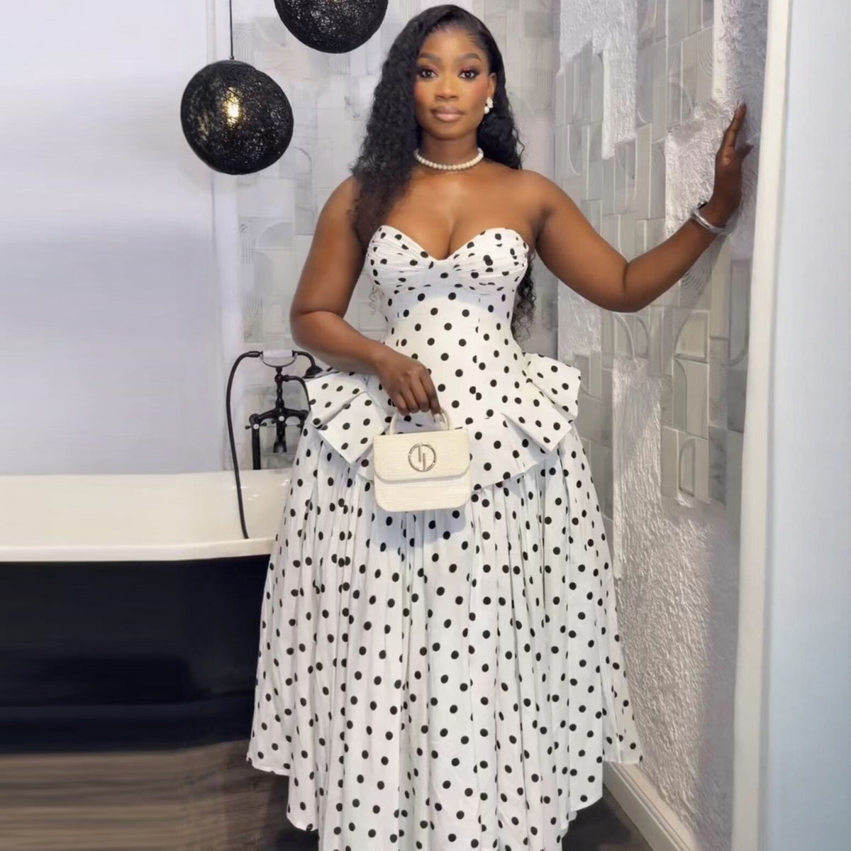 Women's Polka Dot Print Strapless Ruffled Dress