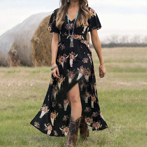 Women's Casual Western Printed V-Neck Short Sleeve Loose Dress