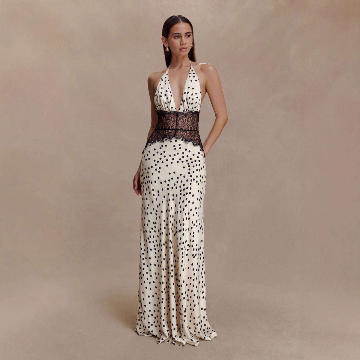 Women's Sexy Elegant Polka Dot Print Lace Stitching Halter-Neck Backless Dress