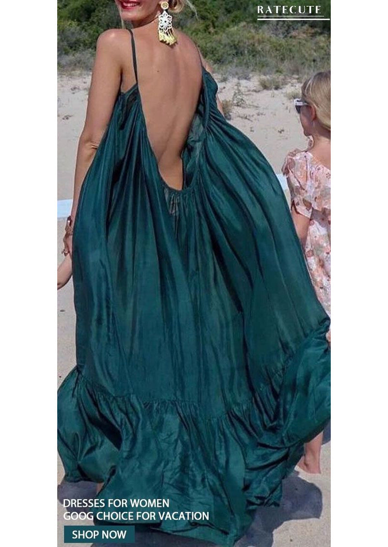 Women's Summer Loose Solid Color Sling Maxi Dress, with Pile
