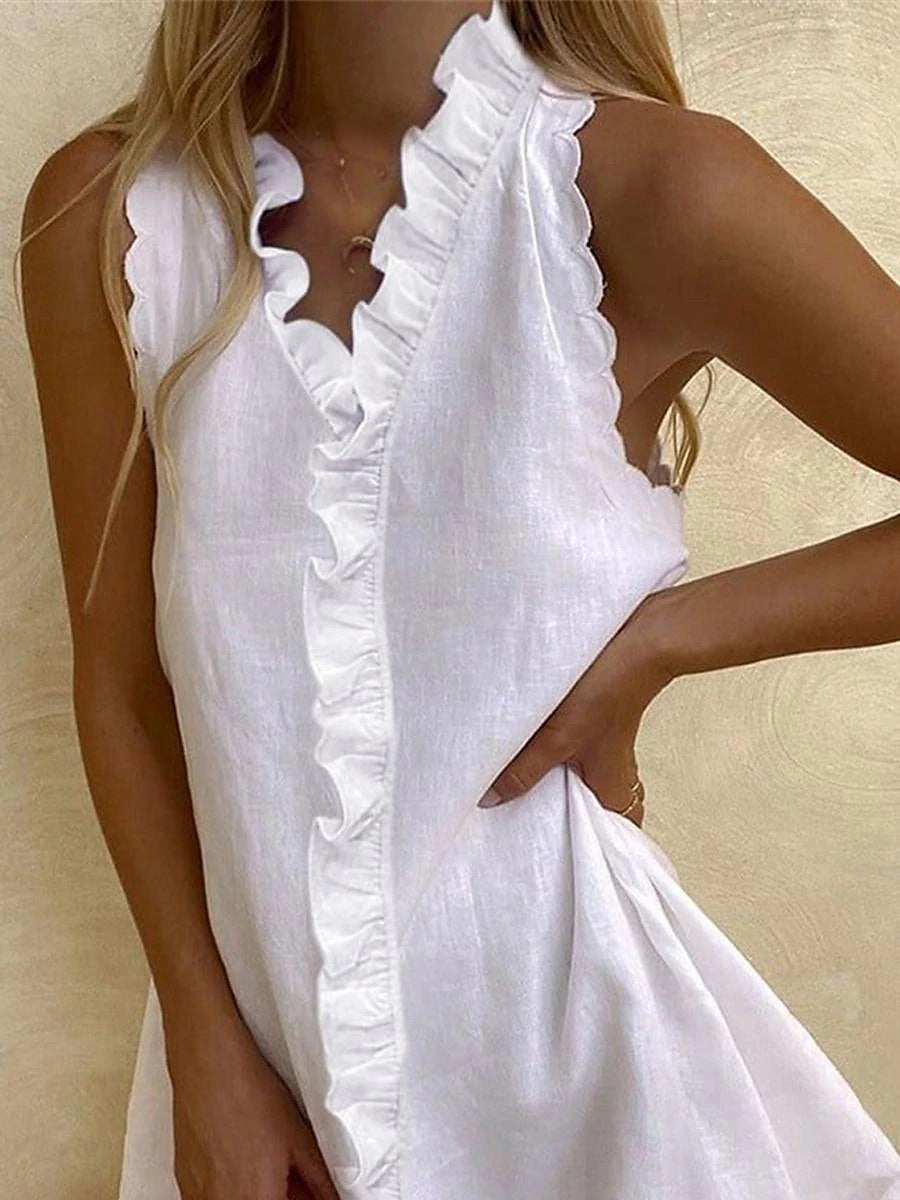 Women's Casual Cotton Linen Solid Color Sleeveless Ruffled Mini Dress