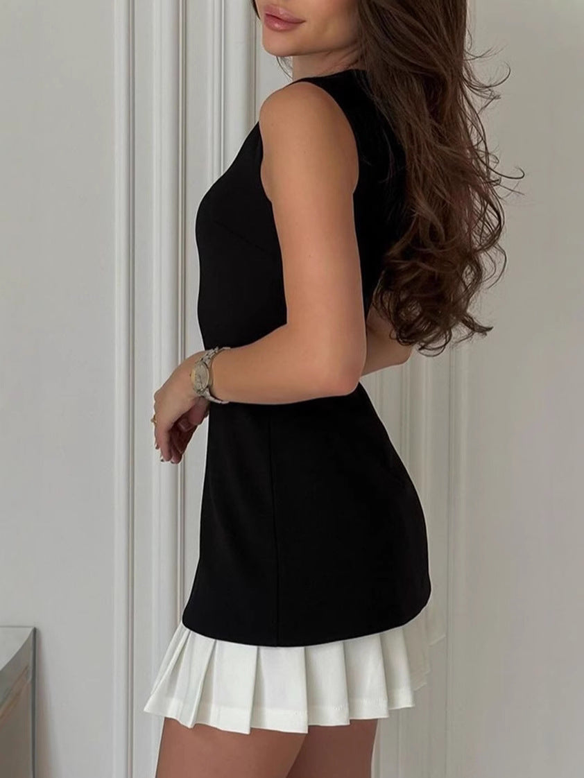 Women's Elegant Stitching Pleated Sleeveless Slim Fit Dress