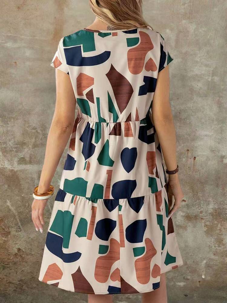 Women's Casual Printed Loose Midi Dress with Splice Skirt, Design