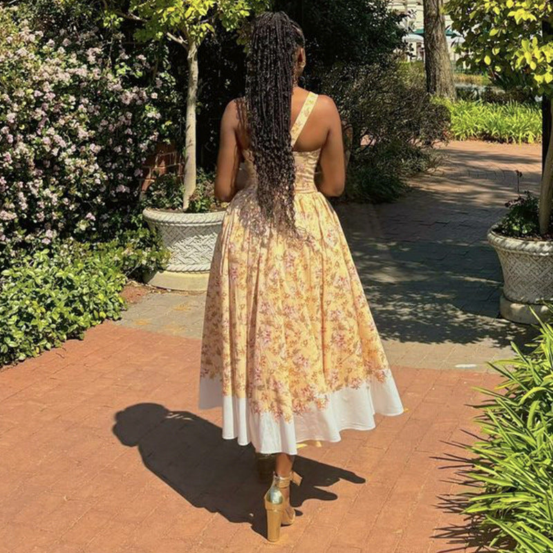 Women's Elegant Floral Printed Sleeveless Backless Midi Dress