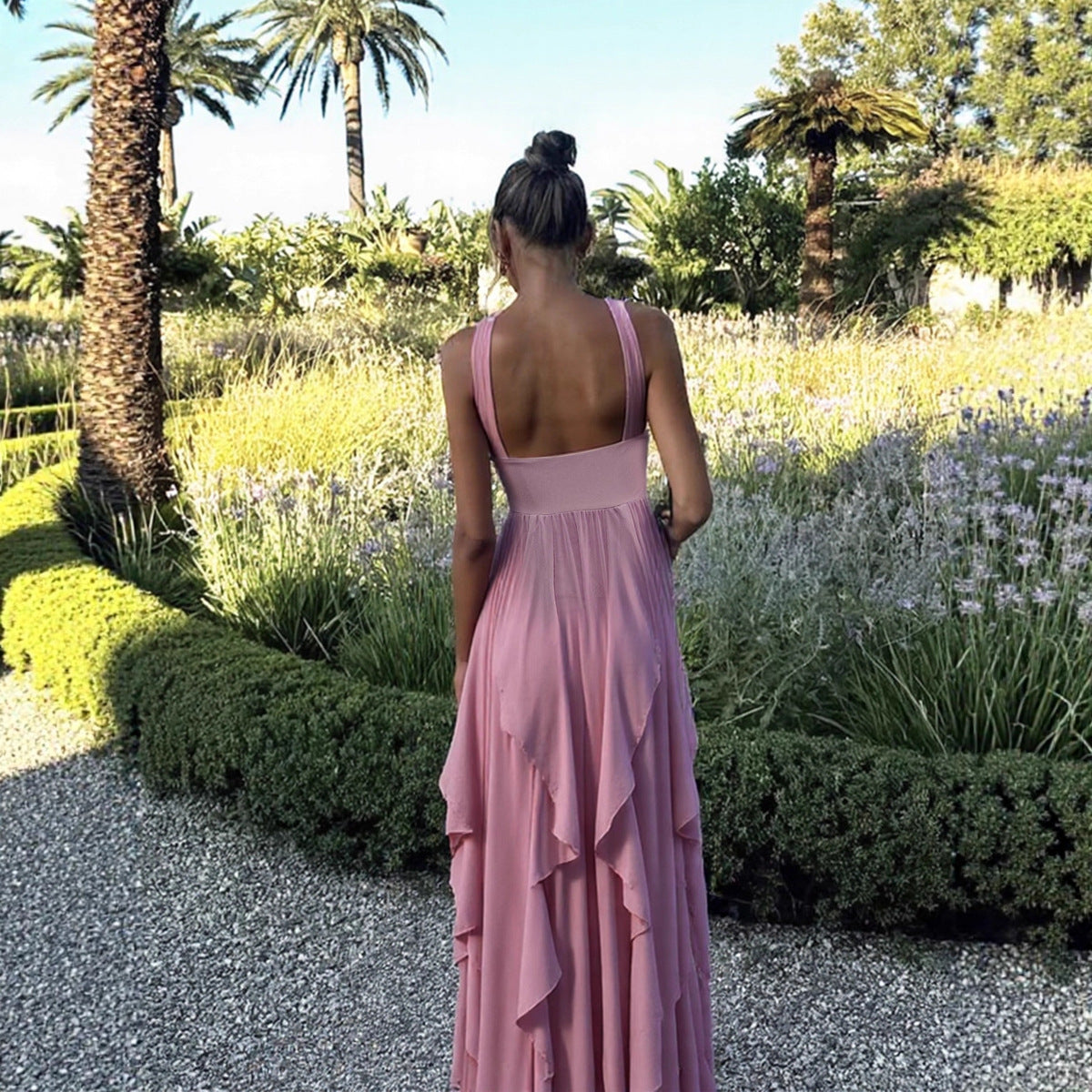 Women's Sexy Elegant Solid Color Spaghetti Strap Backless Ruffled Dress