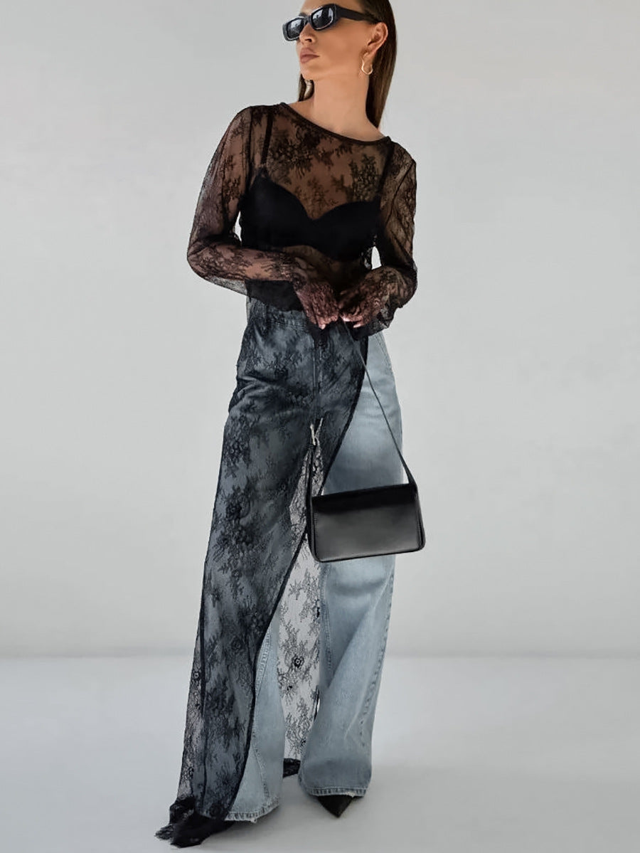 Women's Sexy Perspective Lace Round Neck Long Sleeve Asymmetry Split Maxi Dress