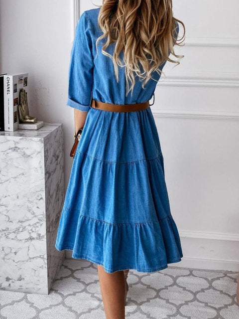 Women's Casual Classic Long Sleeve Pocket Single-Breasted Ruffled Denim Dress