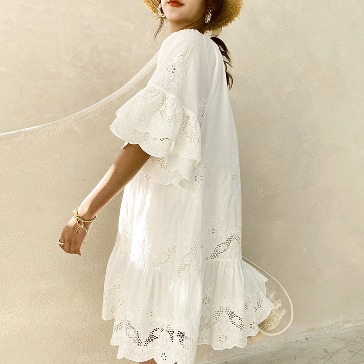 Women's Casual Solid Color Hollow Cotton Loose Princess Dress