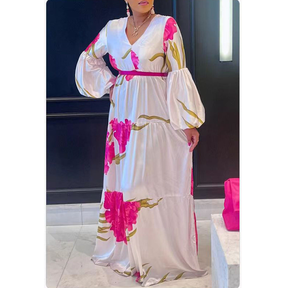 Women's V-Neck Floral Printing Long Sleeve Multi-Layer Stitching Maxi Dress