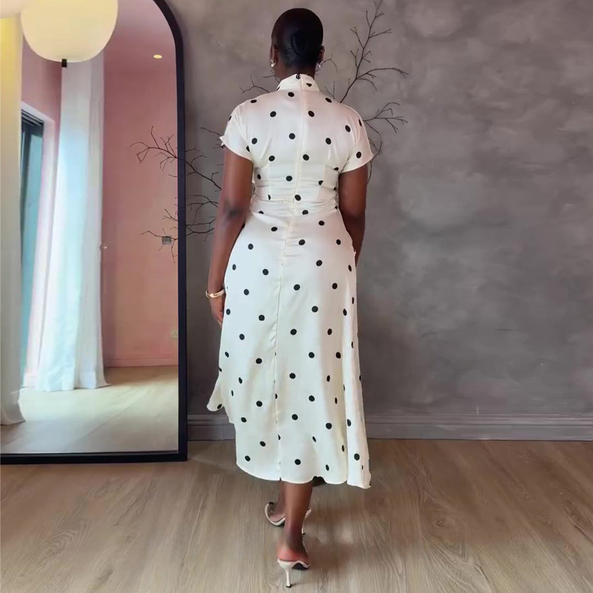 Women's Casual Polka Dot Print V-Neck Tight Waist Irregular Dress