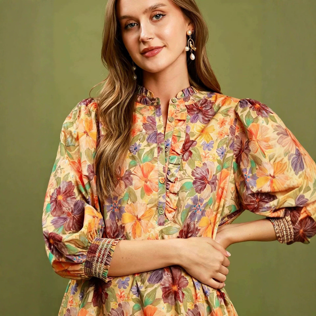 Women's Casual Retro Flower Printed Long Sleeve Loose Dress