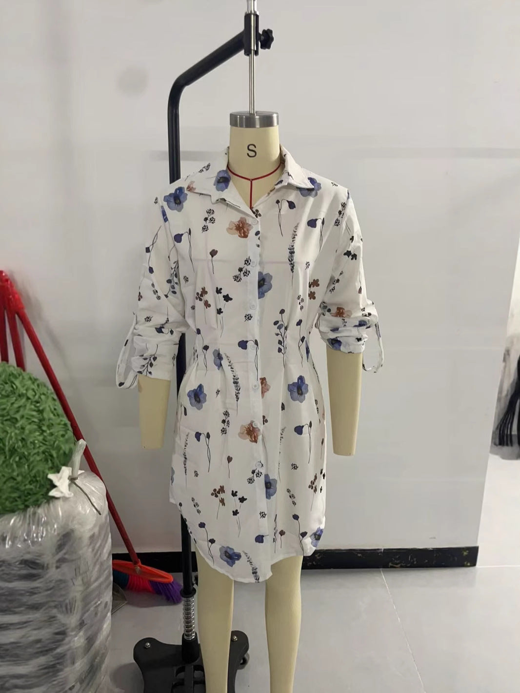 Women's Floral Printed Lapel Button Dress-Midi, Length Long