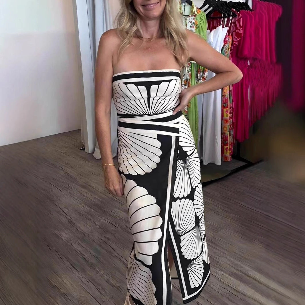 Women's Sexy Shell Print Sleeveless Backless Split Midi Dress