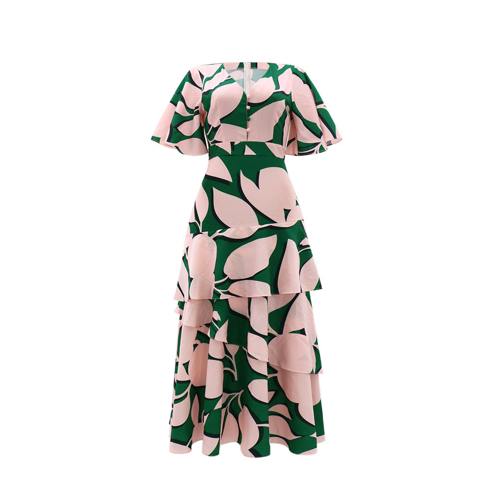 Women's Casual Summer Irregular Printed V-Neck Short Sleeve Button Dress