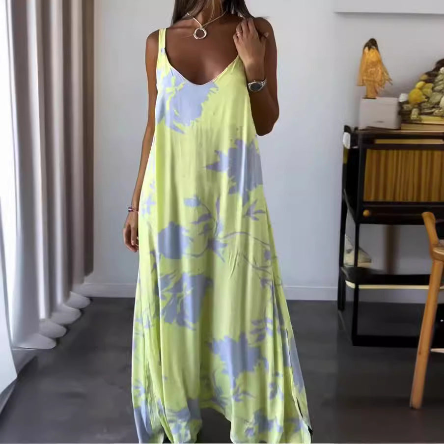 Women's Summer Casual V-Neck Sling Floral Print Maxi Dress