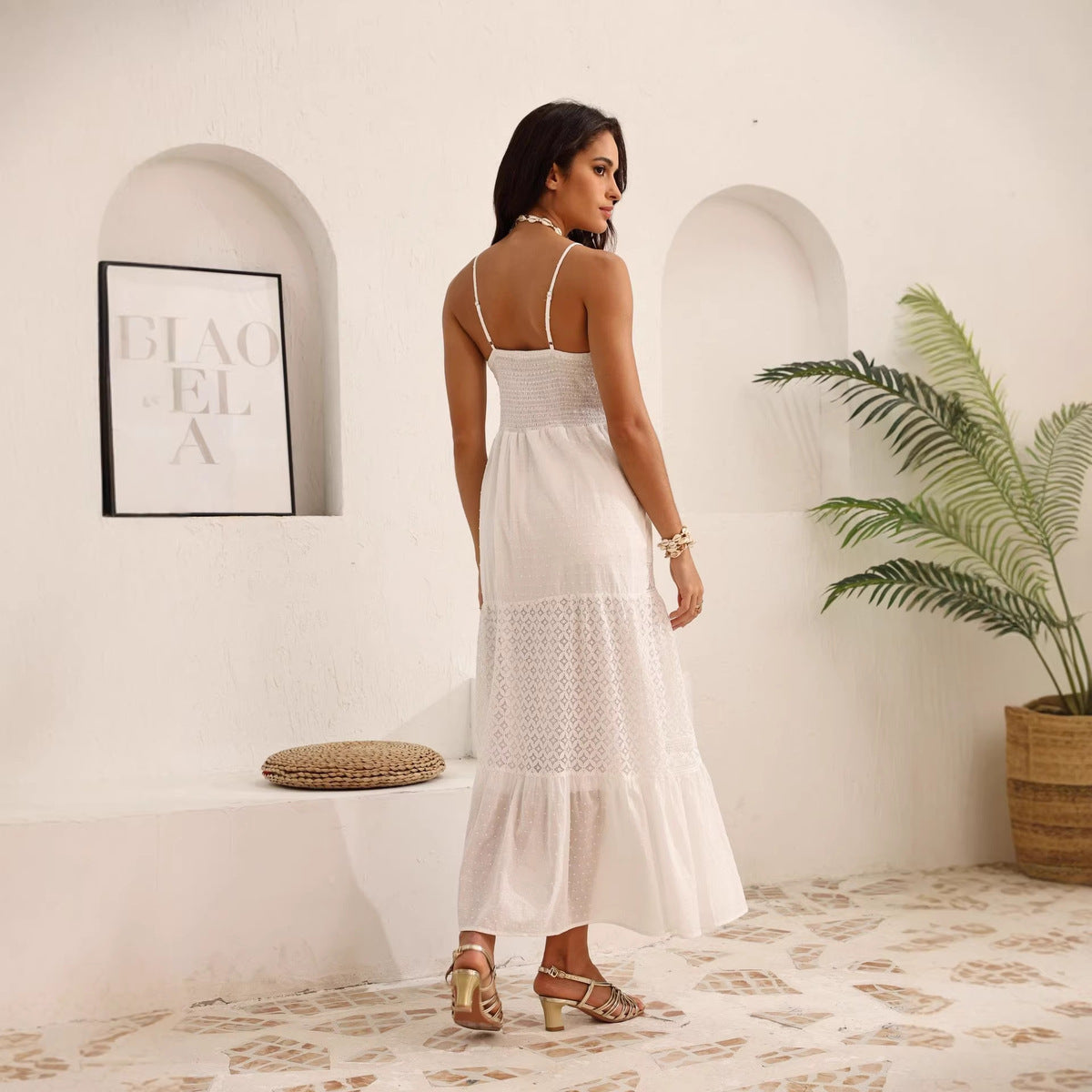 Women's Sexy Boho Vacation Cotton Solid Color Lace Spaghetti Strap Dress