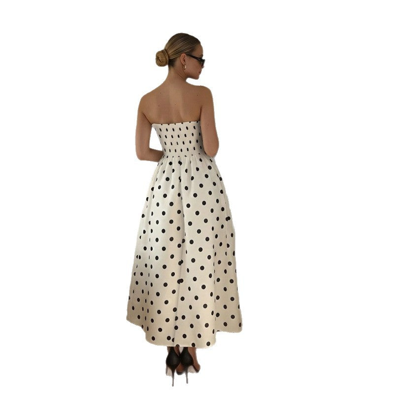 Women's Elegant Polka Dot Print Tube Top Sleeveless A-Line Dress